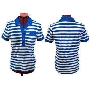 Jones New York Women's Petite Blue & White Striped stretch Polo Shirt PS NWOT